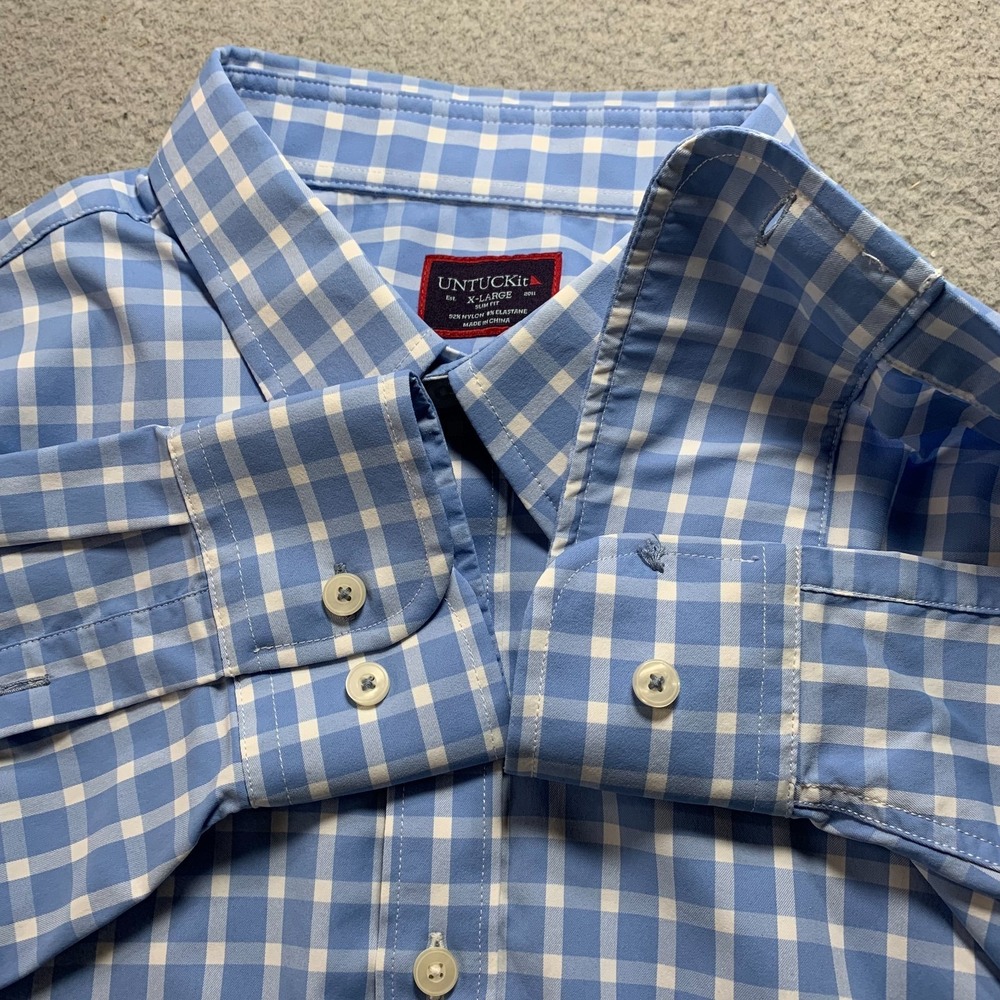 UNTUCKit Shirt Mens Size XL Button Up Plaid Extra Large Slim Fit Nylon Blue* - Picture 7 of 8